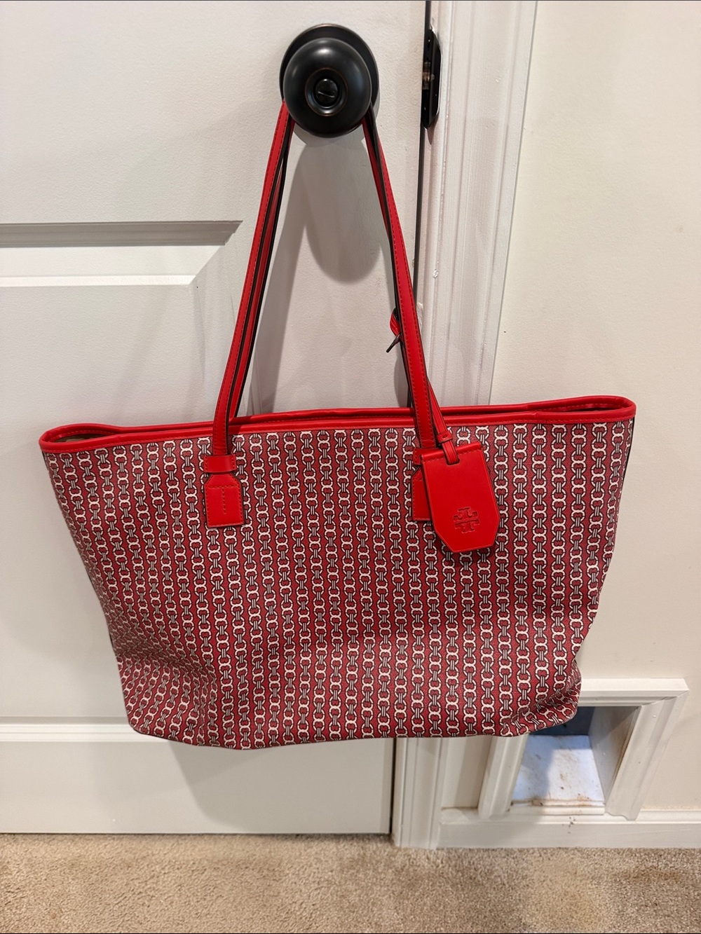 Tory Burch Red Logo-Print Tote with Leather Trim